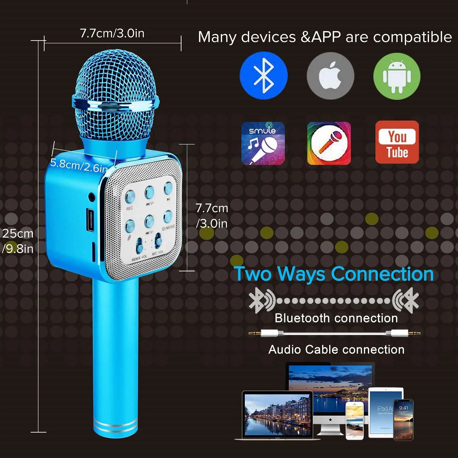 4in 1 LED Lights Handheld Portable Karaoke Microphone Home KTV Player with Record Function Compatible with Android& iOS Devices