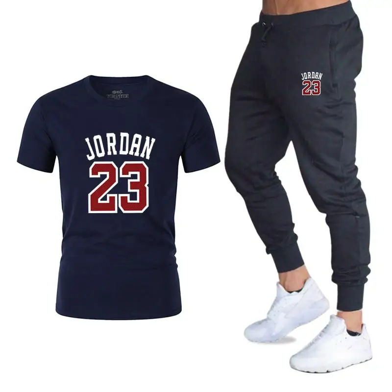 Лидер продаж, летние мужские комплекты, футболки+ штаны, комплекты из двух предметов, повседневный спортивный костюм для мужчин,, Повседневная футболка с принтом Jordan 23, брюки для мужчин