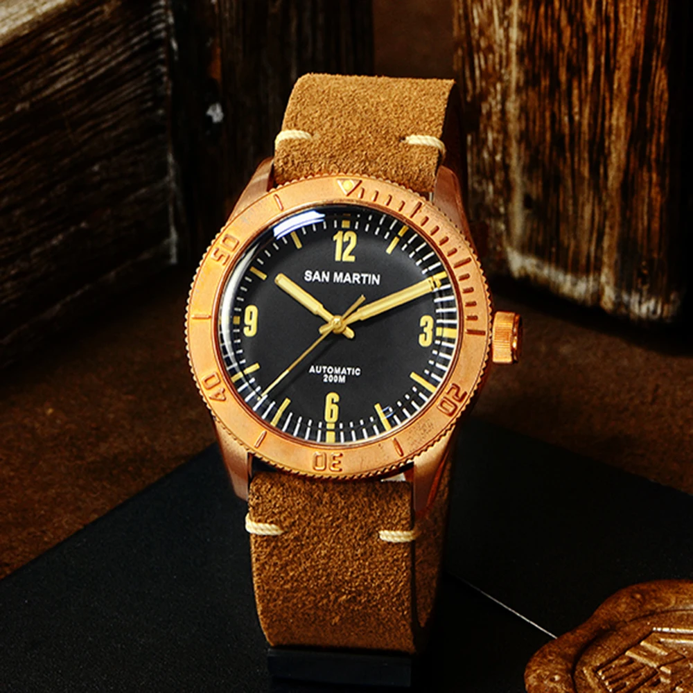 Новые мужские бронзовые часы CuSn8 San Martin, автоматические наручные часы для дайвинга, Водонепроницаемость 200 м, сапфировое стекло, мужские часы