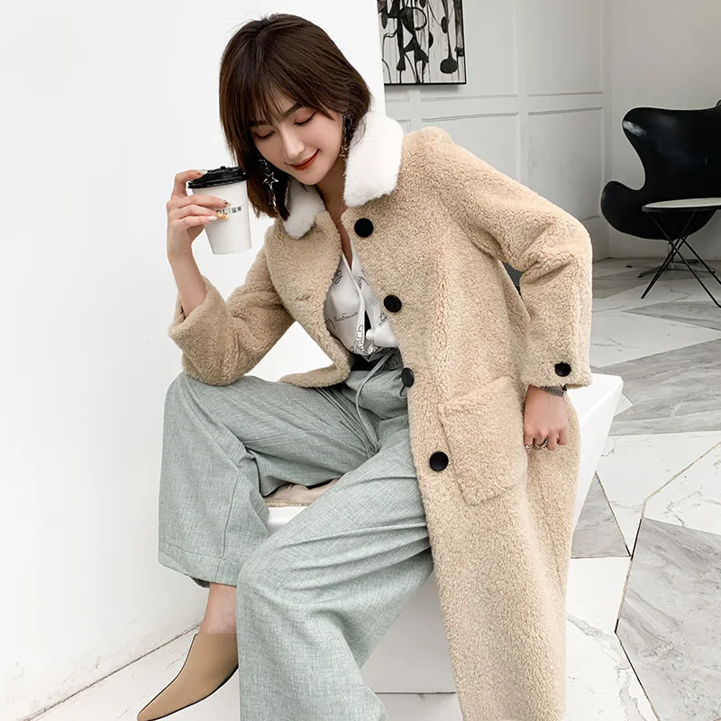 Beige YYY1963 Натуральная шерсть искусственный мех Плюшевые пальто Женская куртка зима осень парка теплый корейский искусственный мех белый воротник шерстяное длинное пальто - Цвет: Beige YYY1963