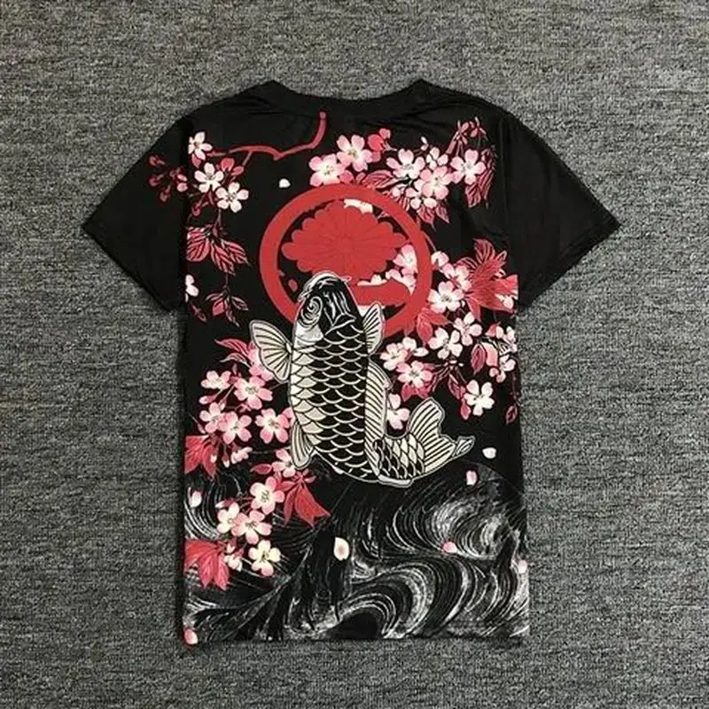 2020 новая японская футболка унисекс Ukiyoe с вышивкой карпа рыбы высокое качество
