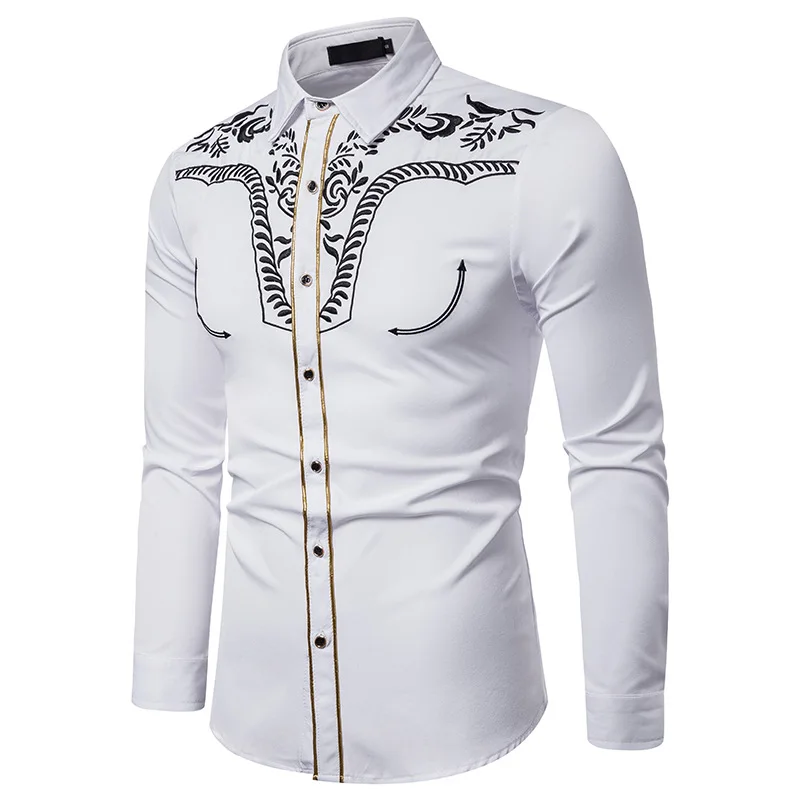 Мужская модная рубашка с вышивкой, ковбойская рубашка в западном стиле, мужская повседневная приталенная рубашка в золотую полоску с длинным рукавом, сорочка Camisa Masculina XXL