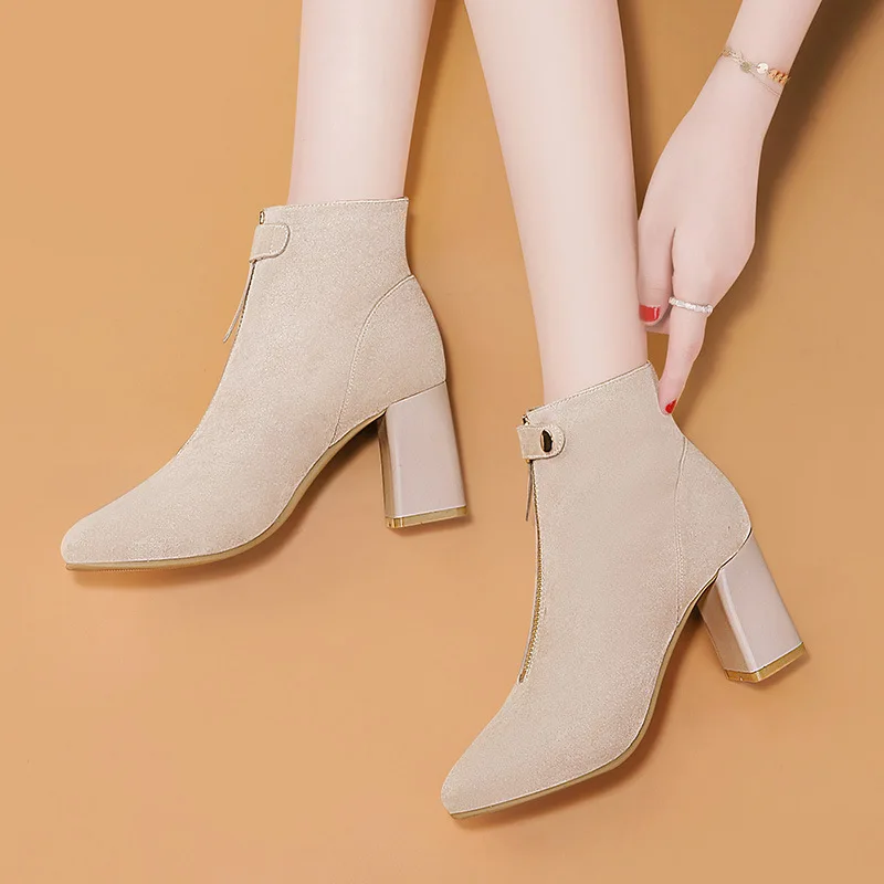 

Front Zipper Short Boots Women's Chunky-Heel 2019 Autumn & Winter New Style High-Heel Martin Boots Online Celebrity Women's Boot