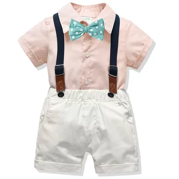 

Baby Boy Gentleman Clothes Boy Set Summer Formal Clothes Set Wedding Birthday Kids Overall Suit Pink Shirt +Belt Pant+Tie 3Pcs