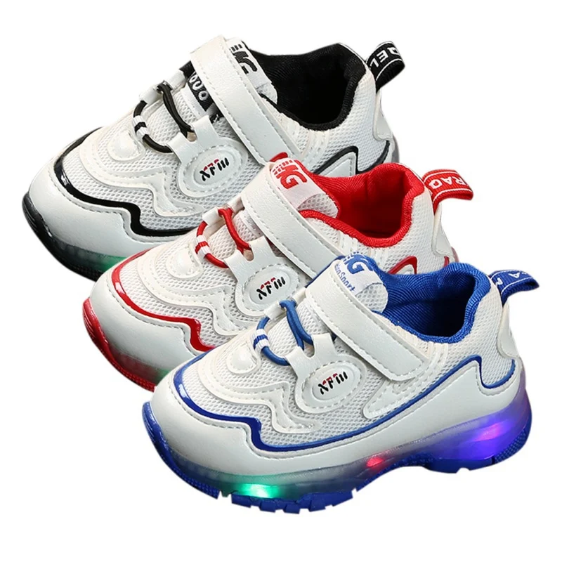

New 2019 Fashion Kids Breathable Anti-Slip LED Shoes Toddler Soft Soled Walkers Shoes Sport Running Flashing Light Sneakers e