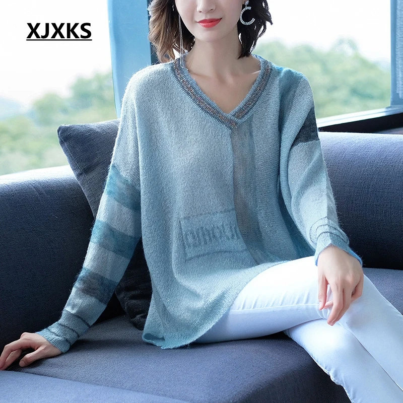 

XJXKS Loose Sweater Fashion Wool Knitted Pull Femme Blue Color Nice Casual Oversized Sweater Women Pullover