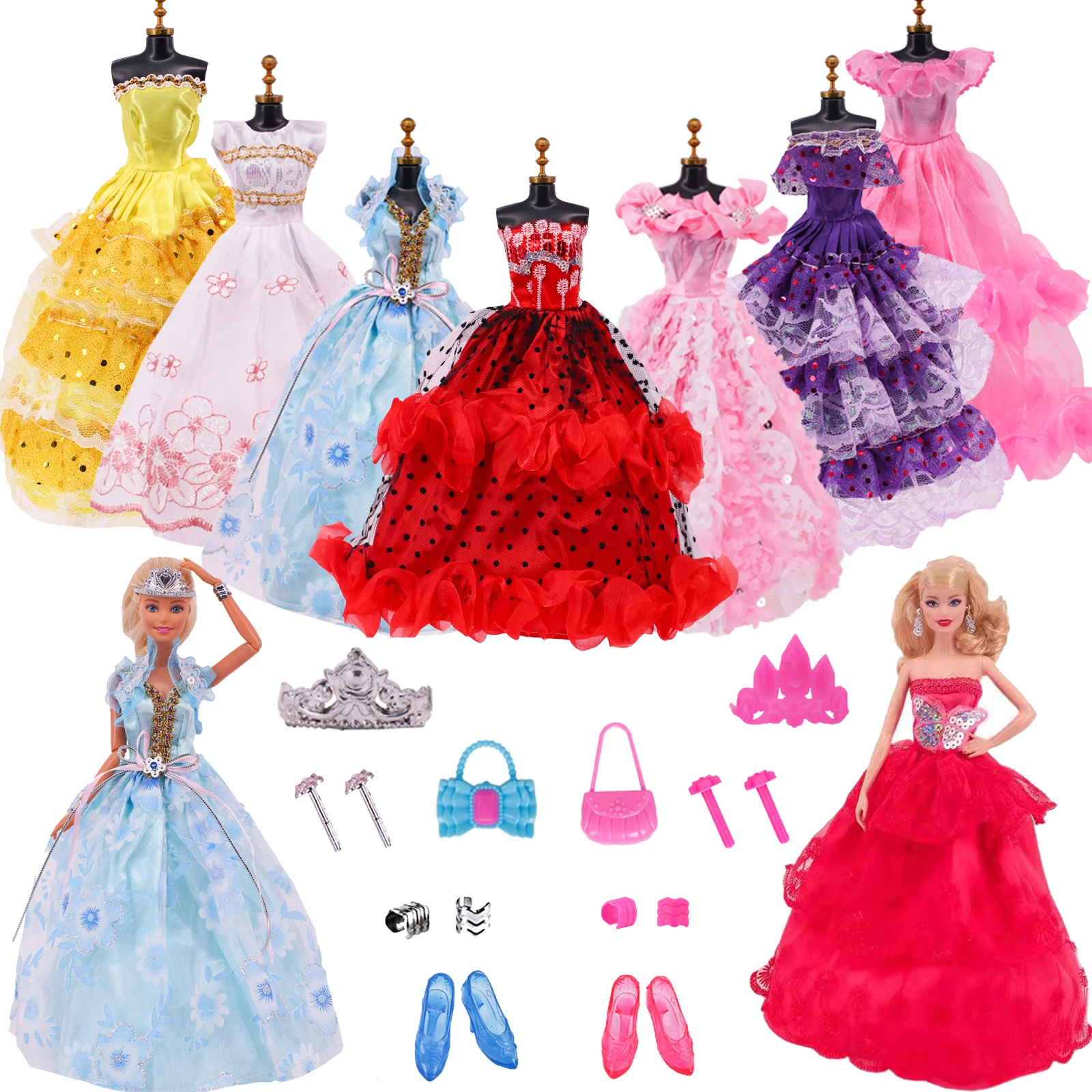Doll Clothes 5Pcs Handmade Dress Barbies Gowns + Jewelry + Shoes Suitable for 30cm Doll Accessories Diy Gift