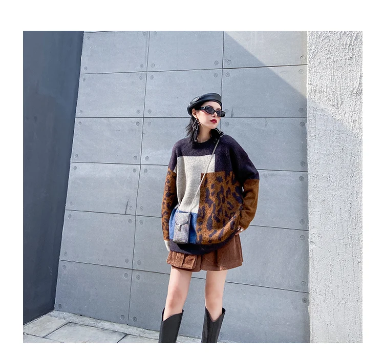Vefadisa, хит, цветной, винтажный женский свитер,, зимний, вязанный, Круглый ворот, длинный рукав, свитер, свободный, QYF1487
