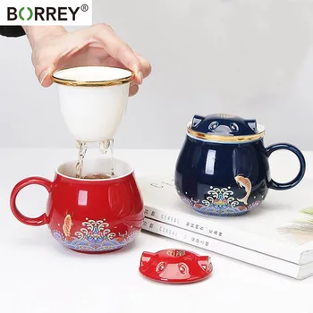 

BORREY Lucky Cat Ceramic Water Mug Tea Infuser Teapot Bone China Mug Office Coffee Cup Red Blue White Christmas Festival Gift