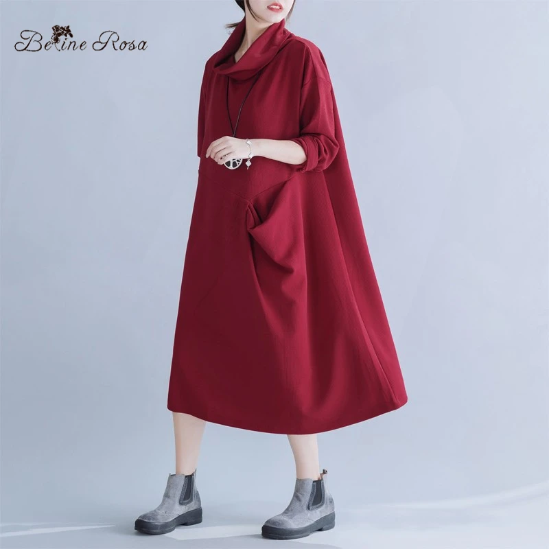 BelineRosa Простые Pure Color Fashion Новогодние красные платья воротник стойка с длинным
