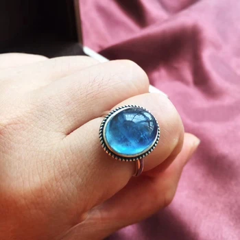 

Natural Blue Aquamarine Crystal Stone Adjustable Ring 925 Sterling Silver 14.5*12mm Beads Gift Stone Ring AAAAA