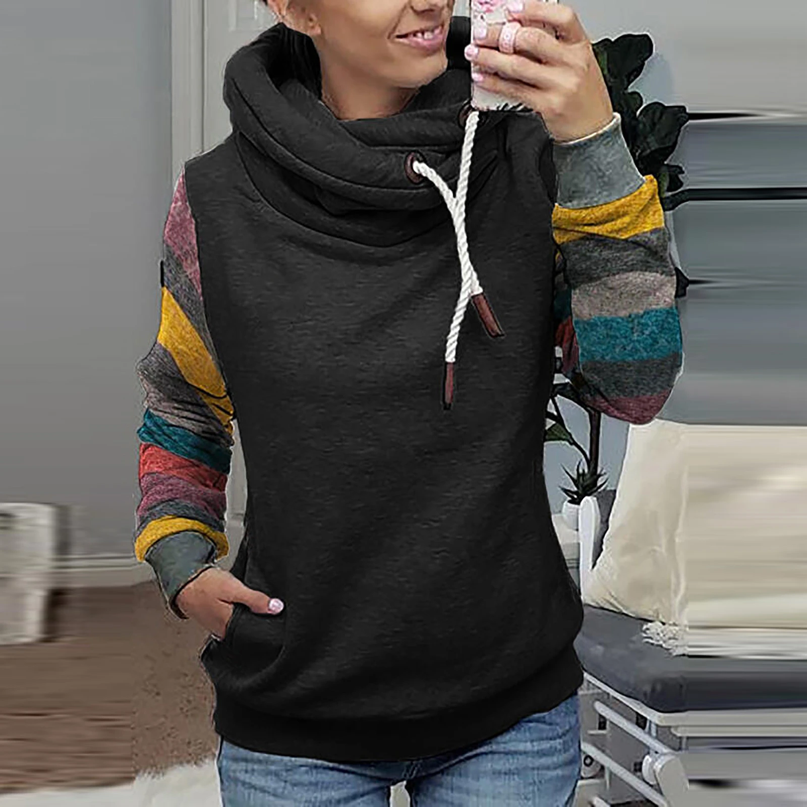 Sudadera con capucha para mujer, suéter de manga con cuello alto estampado, blusa informal, Tops con capucha para mujer|Sudaderas con capucha y sudaderas| - AliExpress