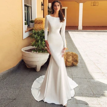 

Long Sleeve Soft Satin Mermaid Wedding Dresses Modest 2020 Covered Back Vestido De Noiva Long Train Bridal Gowns Simple