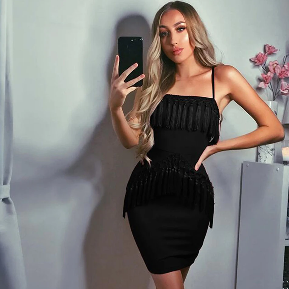 

2020 summer new tassel bandage dress V-neck strap sexy knee above solid color dress fashion celebrity ladies dress
