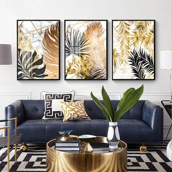 

Living Room Decor Posters and Prints Nordic Plants Leaf Golden Black Mable Background Wall Art Pictures Canvas Painting Mural