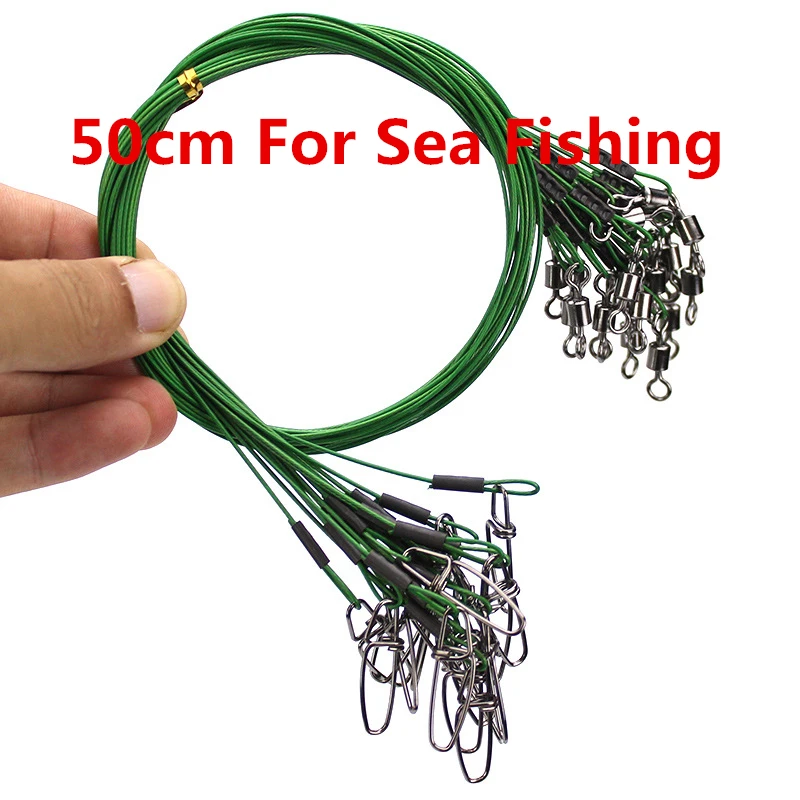 10pcs 50cm Fishing Leashs Leader Wire Fishing Line Test 88Lbs/40kg pesca  Anti-bite Wire Line with Swivel Snap Carp Fishing Gear