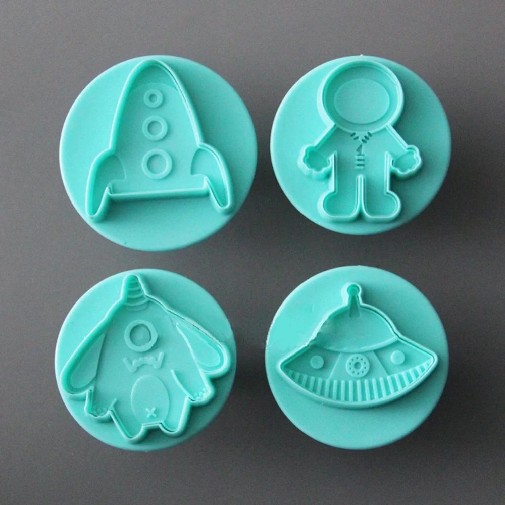 4Pcs/set Spaceship Rocket House Spring Pressed Plunger Biscuit Mold Cookies Cutter DIY Pastry Tool