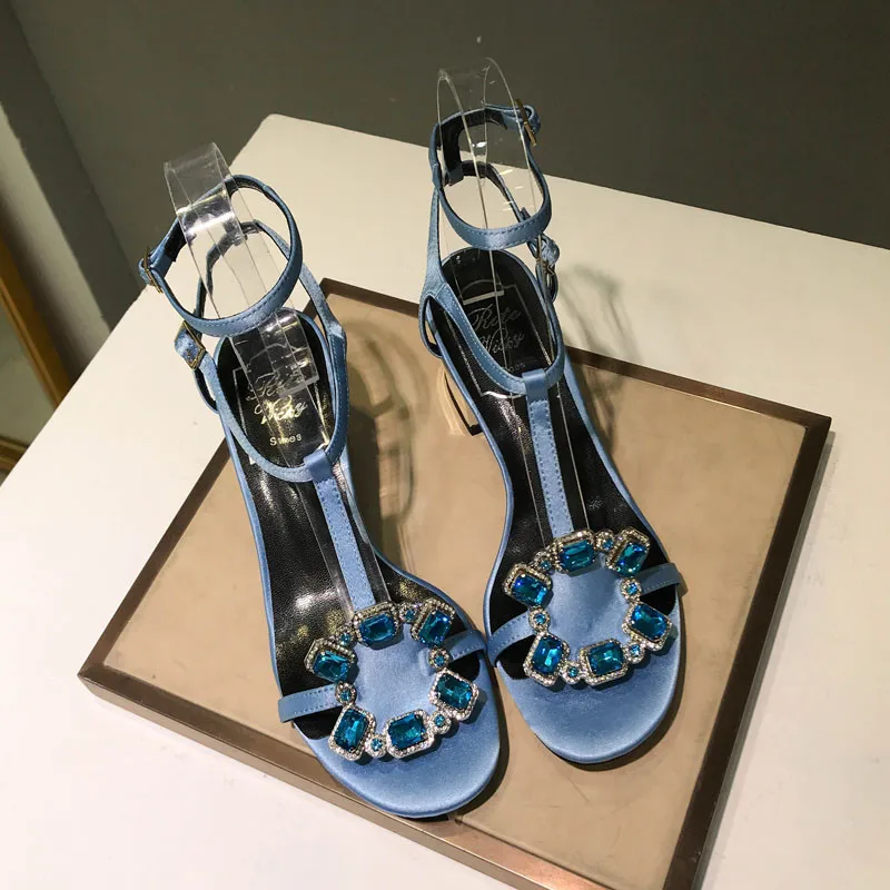 Sandalias Mujer; коллекция года; стразы; Туфли на квадратном каблуке; женские босоножки с Т-образным ремешком; Zapatos De Mujer; Босоножки с открытым носком и ремешком на щиколотке - Цвет: as pic