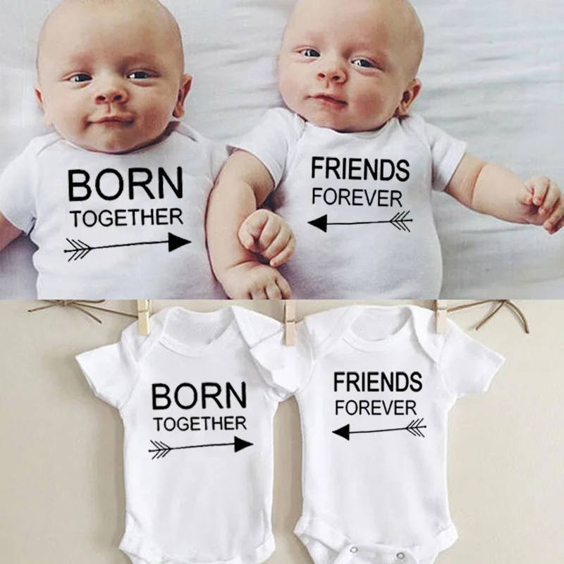Newborn Baby Cotton Romper Born Together Friends Forever Print Infant Twins Siblings Sisters Brothers Matching Funny Jumpsuit