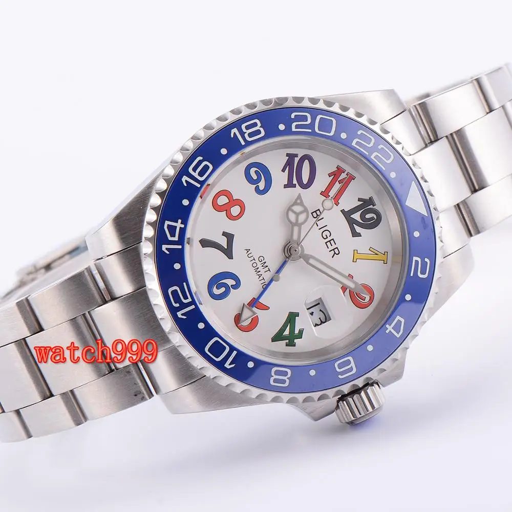 Bliger 40 мм белый циферблат с датой керамический ободок GMT светящийся Сапфир Мужские автоматические Модные часы Стальные механические часы с ремешком