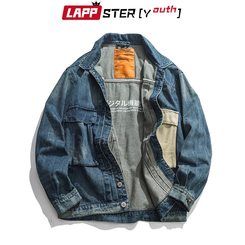 LAPPSTER Men Japanese Streetwear Denim Jackets Mens Harajuku Patchwork Windbreaker Jeans Jackets Coats Vintage Hip Hop Coat