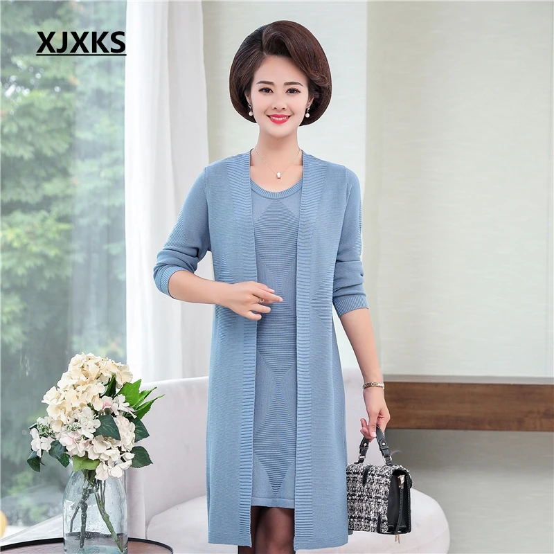 Синий XJXKS осенний модный однотонный длинный свитер из двух частей свитер майка+ кардиган с длинными рукавами вязаный женский свитер наборы кардиганов - Цвет: Синий