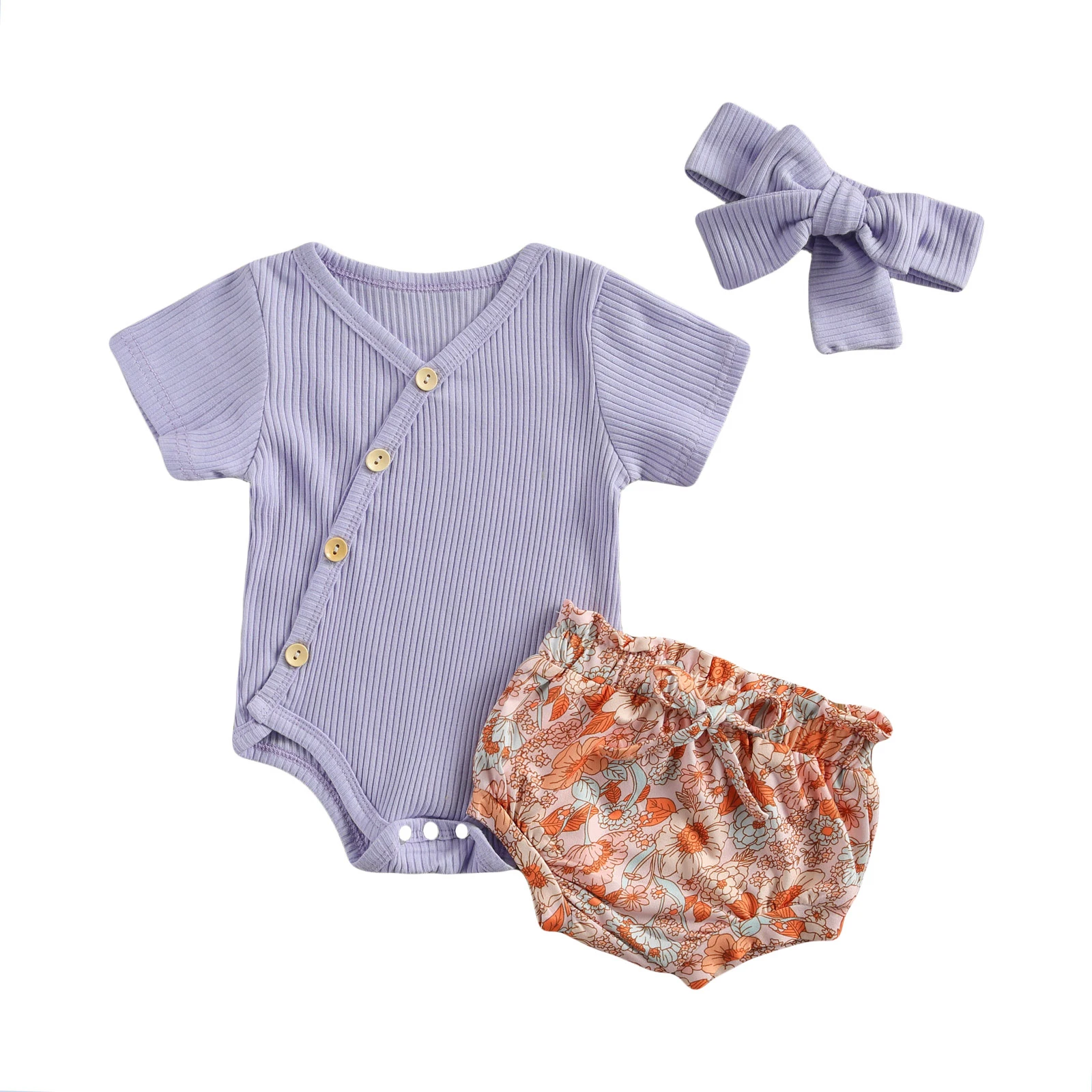 2021 Infant Short-sleeved Romper + Shorts Headband Button Design Flower Print Sweet Summer Clothing Hot Sale |