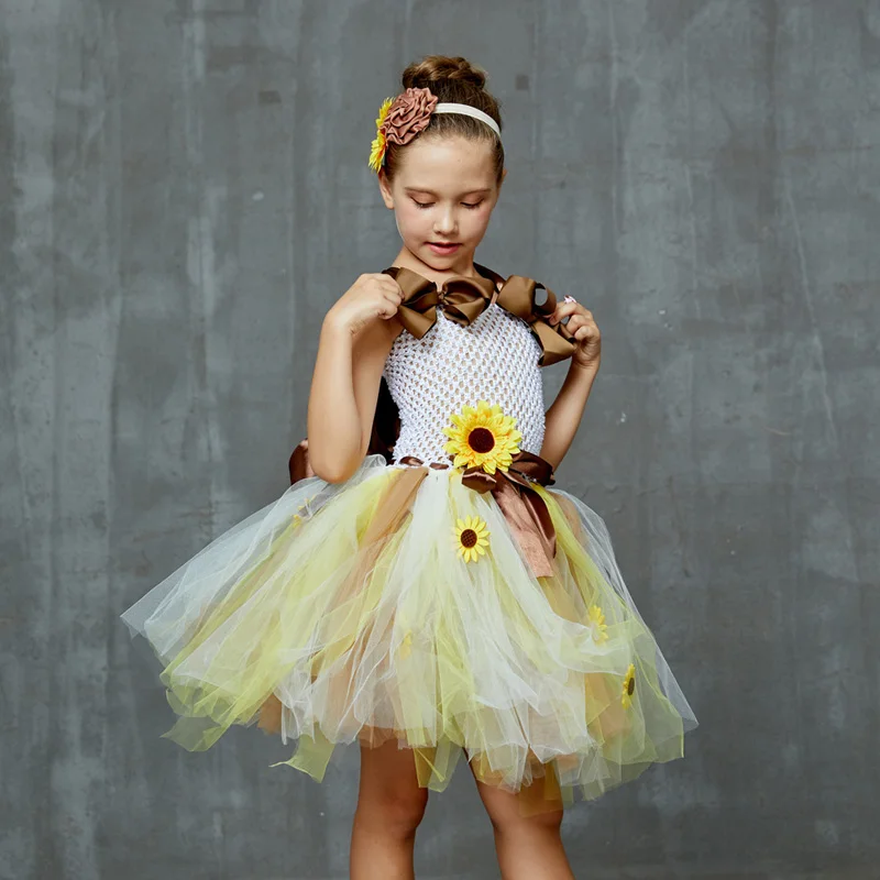 Sweet Sunshine Sunflower Tutu Dress with Matching Headband Flower Girl Bridal Birthday Pageant Costume Kids Autumn Dresses (7)