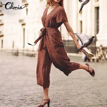 

Celmia Plus Size Women Playsuits Summer Belted Jumpsuits Leopard Short Sleeve Rompers Sexy V Neck Casual Vintage Female Ovealls