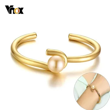 

Vnox Minimalist Women Bangle in Gold Tone Stainless Steel With Simulated Pearl Open Bracelets Female Candid Statement Bangle