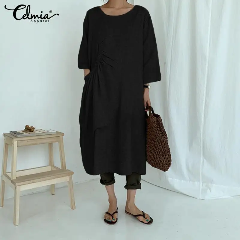 

2019 Celmia Women's Fashion Linen Dress Female O neck Long Sleeve Pleated Pockets Midi Dresses Casual Loose Party Vestidos S-5XL