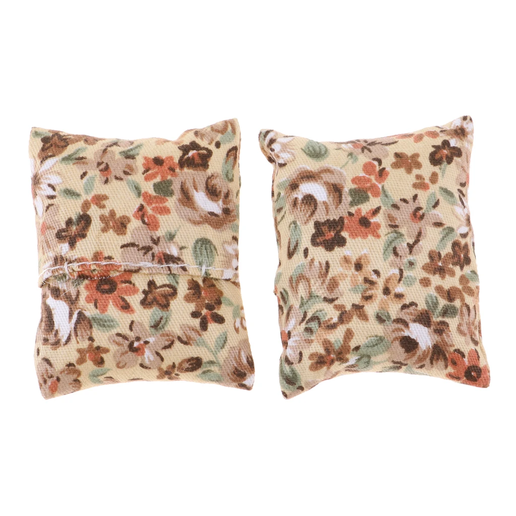 2pcs Beige Floral Cushion Pillow For 1/12 Dollhouse Sofa Bed Accessory Decor