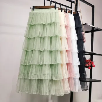 

Elastic High Waist Multi-Layer Mesh Tulle Skirt Women Spring Summer Long Cake Skirts Womens Faldas Largas Pink Black Skirt C6090