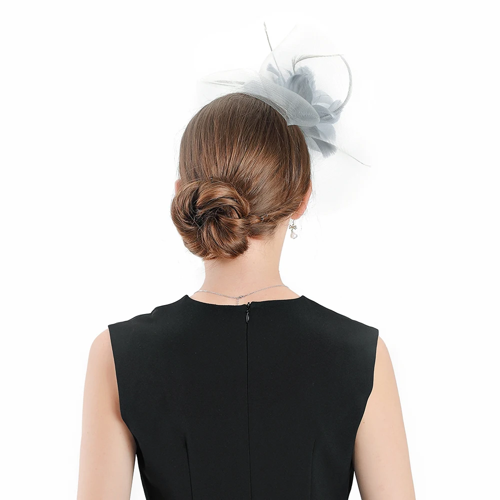 Fascinators Gray Wedding Pillbox Hat For Women Polyester Feather Flower With Veil Fedora Vintage Ladies Church Banquet Party Hat