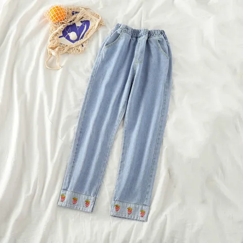 Neploe, женские повседневные джинсовые брюки с высокой талией, прямые брюки, свободные джинсы с вышивкой клубники из мультфильма, джинсовые штаны до щиколотки 56209 - Цвет: light blue