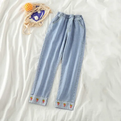 light blue Neploe, женские повседневные джинсовые брюки с высокой талией, прямые брюки, свободные джинсы с вышивкой клубники из мультфильма, джинсовые штаны до щиколотки 56209 - Цвет: light blue