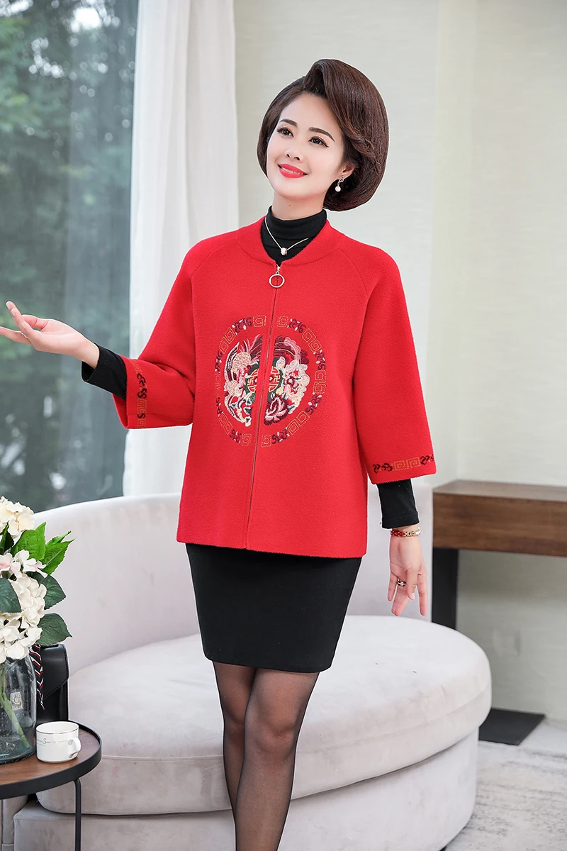 XJXKS Abrigos Mujer Invierno элегантная шерстяная Свободная куртка на молнии женское негабаритное пальто с вышивкой с рукавом в семь точек Женское пальто
