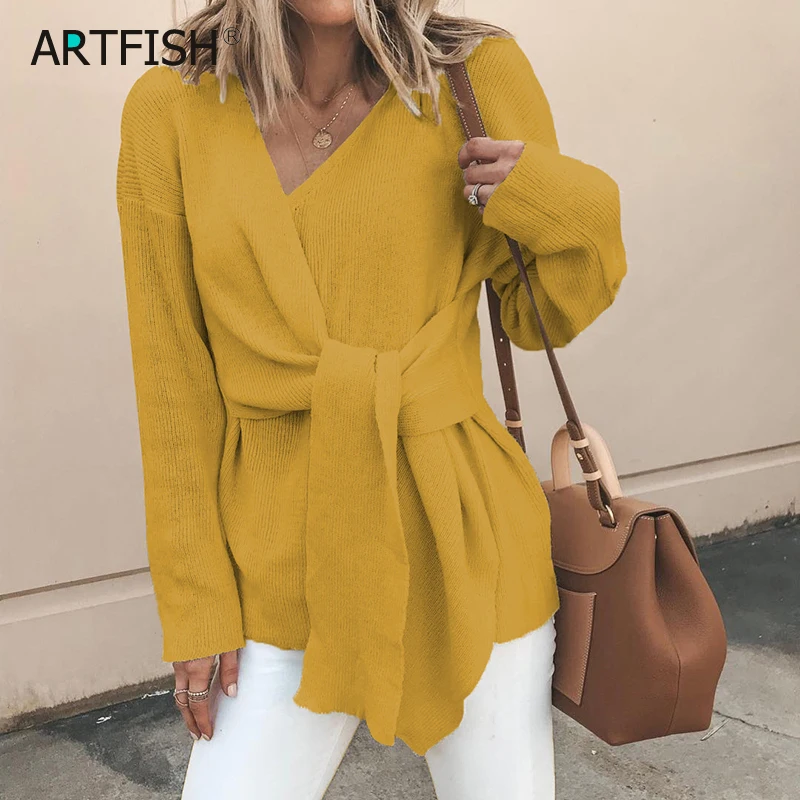 

Kimono Women Bandage Sweaters Autumn Clothes 2019 Winter Fashion Solid Irregular V-Neck Long Sleeve Tops Elegant Office GV013