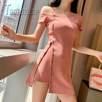 

2019 Cotton Expose Shoulder Women Dress Irregular Slim Korean Female Dresses