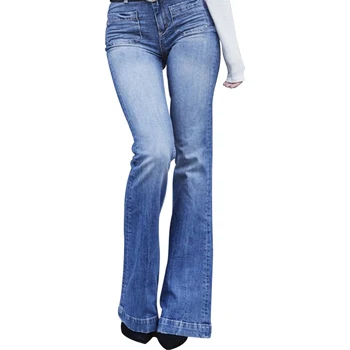 

New Fashion Casual Women Vintage Jeans Flare Stretch Denim Pants Ladies High Waist Bootleg Casual Trousers Wide Leg Pants