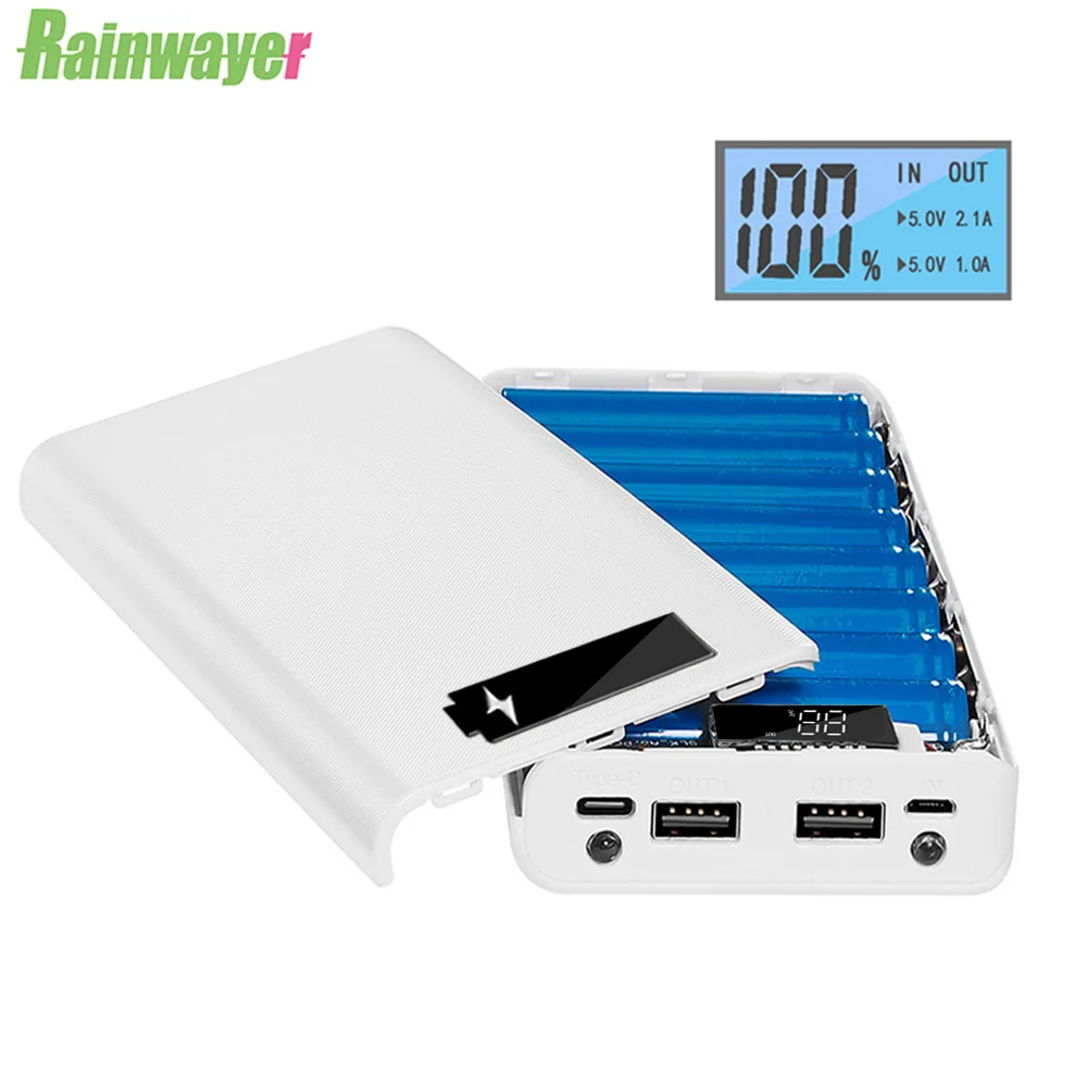 Корпус внешнего аккумулятора Rainwayer 5 В 2 разъема USB 8*18650 Type-C мобильный телефон