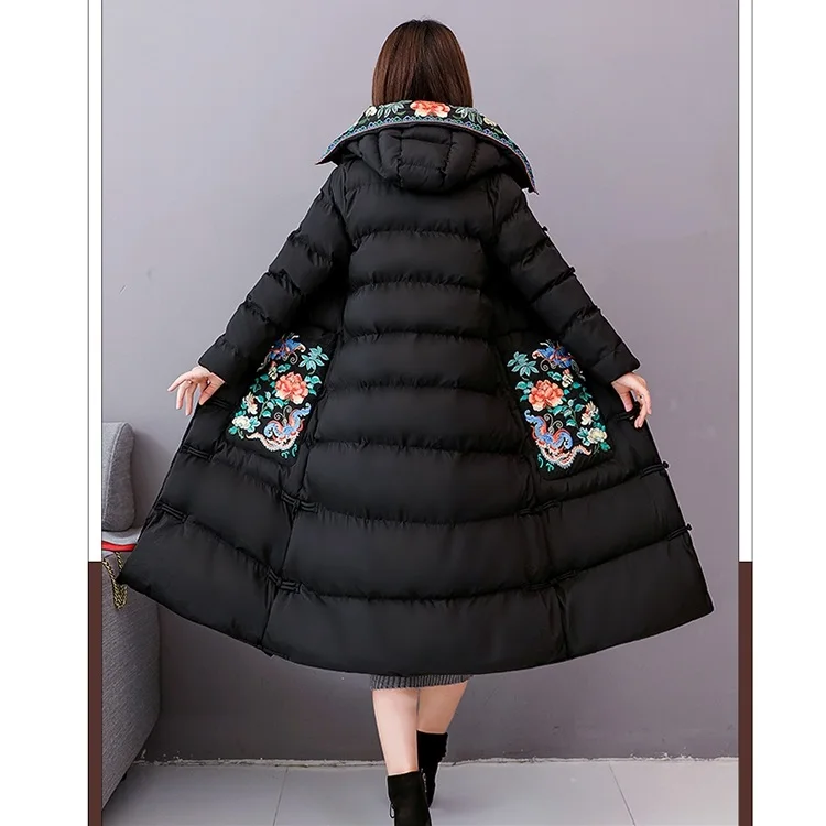 UHYTGF parkas mujer, зимняя хлопковая куртка с вышивкой в стиле ретро, Женская Повседневная теплая длинная куртка с капюшоном в национальном стиле, 4XL 955