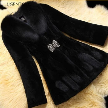 

Lugentolo Faux Fur Coat Women Slim Fit Waist Diamond Button Plus Size Long Sleeve Turn-down Collar Full Womens Fur Jacket