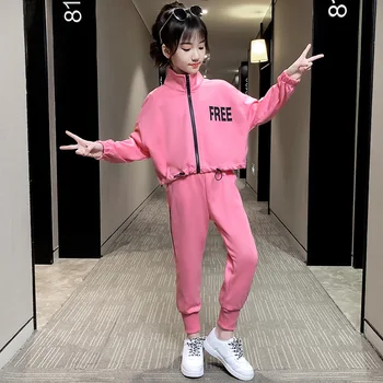 

Children's Set Teenage Girl Zipper Drawstring Coat+Sport Pants Two Piece Kids Tracksuit Autumn Print Casual Little Girls Outfits