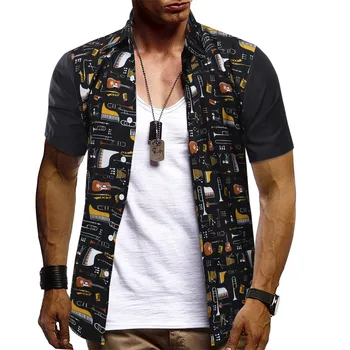 

Men Casual New Summer Loose Clothes Tropical Print Patchwork Button Down Shirts Short Sleeve Shirt Men Blouse Top #5.2