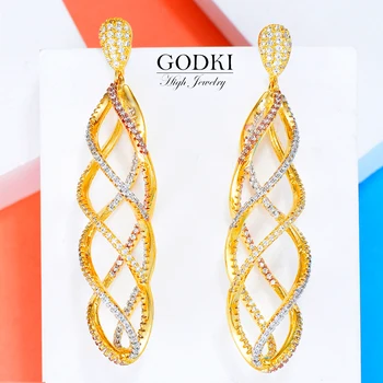 

GODKI 65MM Luxury Twist Design African Dangle Earrings For Women Wedding Cubic Zircon Crystal CZ Dubai Indian Bridal Earrings