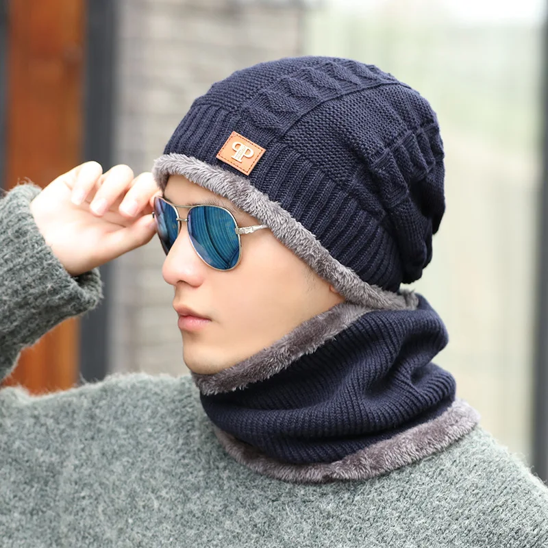 Korean Men's Headgear Winter Plush Warm Knitted Cap Autumn and Winter Outdoor Cycling Wool Cap New Type Cap - Цвет: Navy