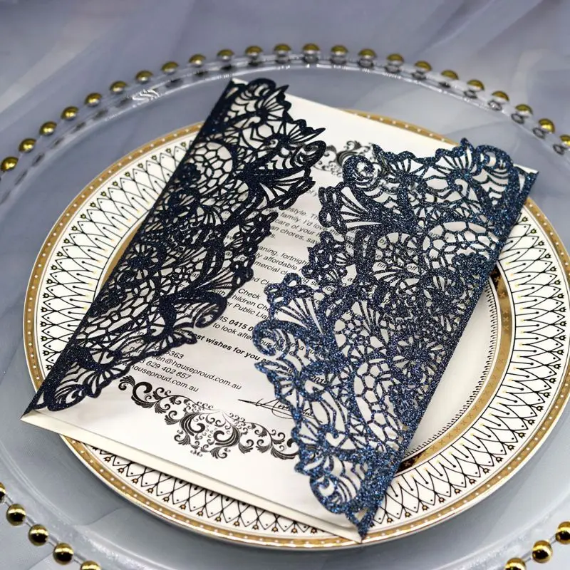 10pcs/set Laser Cut Glitter Lace Wedding Invitation Cards With Bow Ribbon Envelopes For Bridal Shower Engagement Birthday