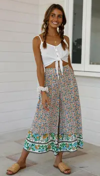 

Summer Women Floral Loose Boho Harem Wide Leg Long Pants Palazzo Trousers Yoga
