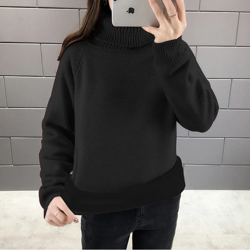 Knit Cashmere Sweater Women Large Size Loose Sweaters New Fashion winter Plus velvet Warm Bottom Female knitting OK331 | Женская одежда